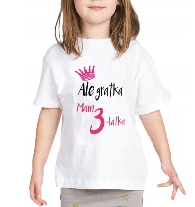 Urodzinowa koszulka z różowym nadrukiem ALE GRATKA MAM 3 LATKA 110-116