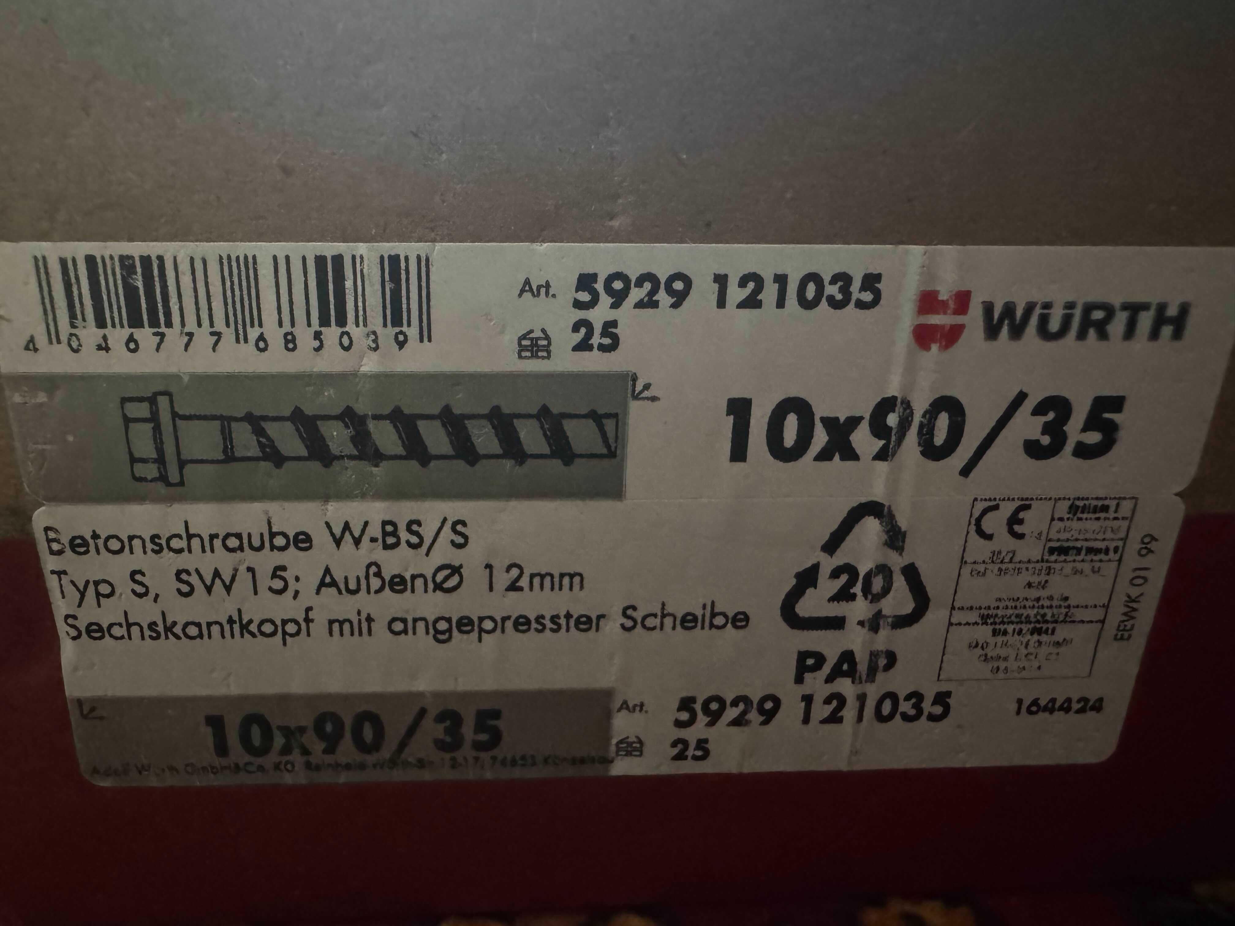 Śruby do betonu Würth 10x90/35 – 25 szt. nowe, oryginalne opakowanie