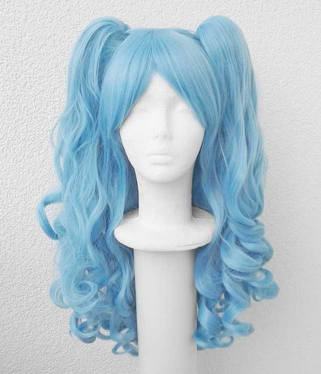 Błękitna lokowana niebieska peruka z kitkami loki grzywką cosplay wig