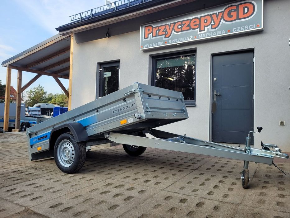 Faro Przyczepa TRACTUS 263x125 resor, uchylna, burty, MOCNA 750kg, DUŻY WYBÓR  Przyczepy lekkie, jedno i dwuosiowe, towarowe, podłodziowe