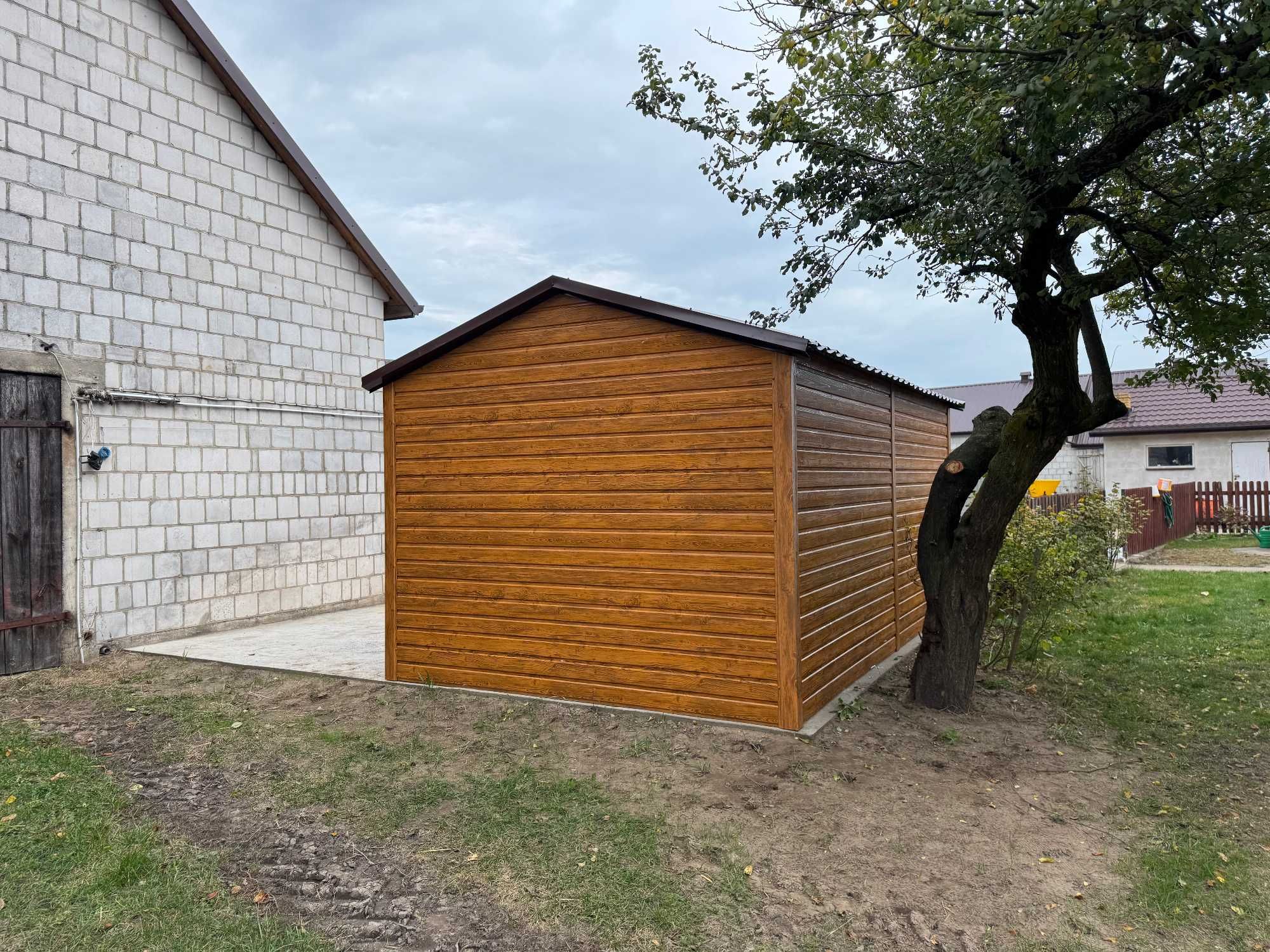 Garaż blaszany 3x5m, dwuspadowy, złoty dąb + orzech, blachodachówka