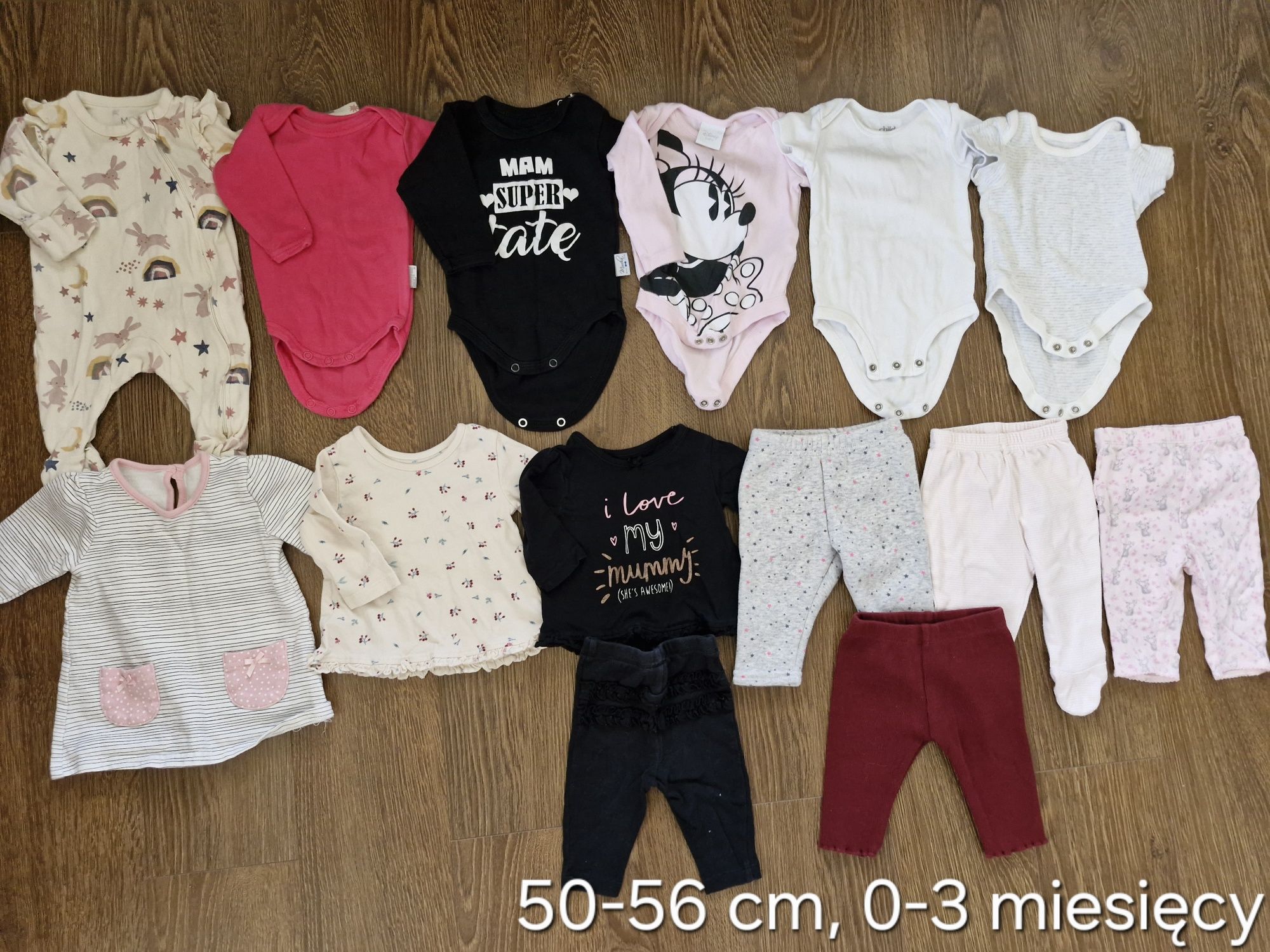 Zestaw paka ubranek pajace, body, spodnie na dziewczynkę 50-56 cm, 0-3