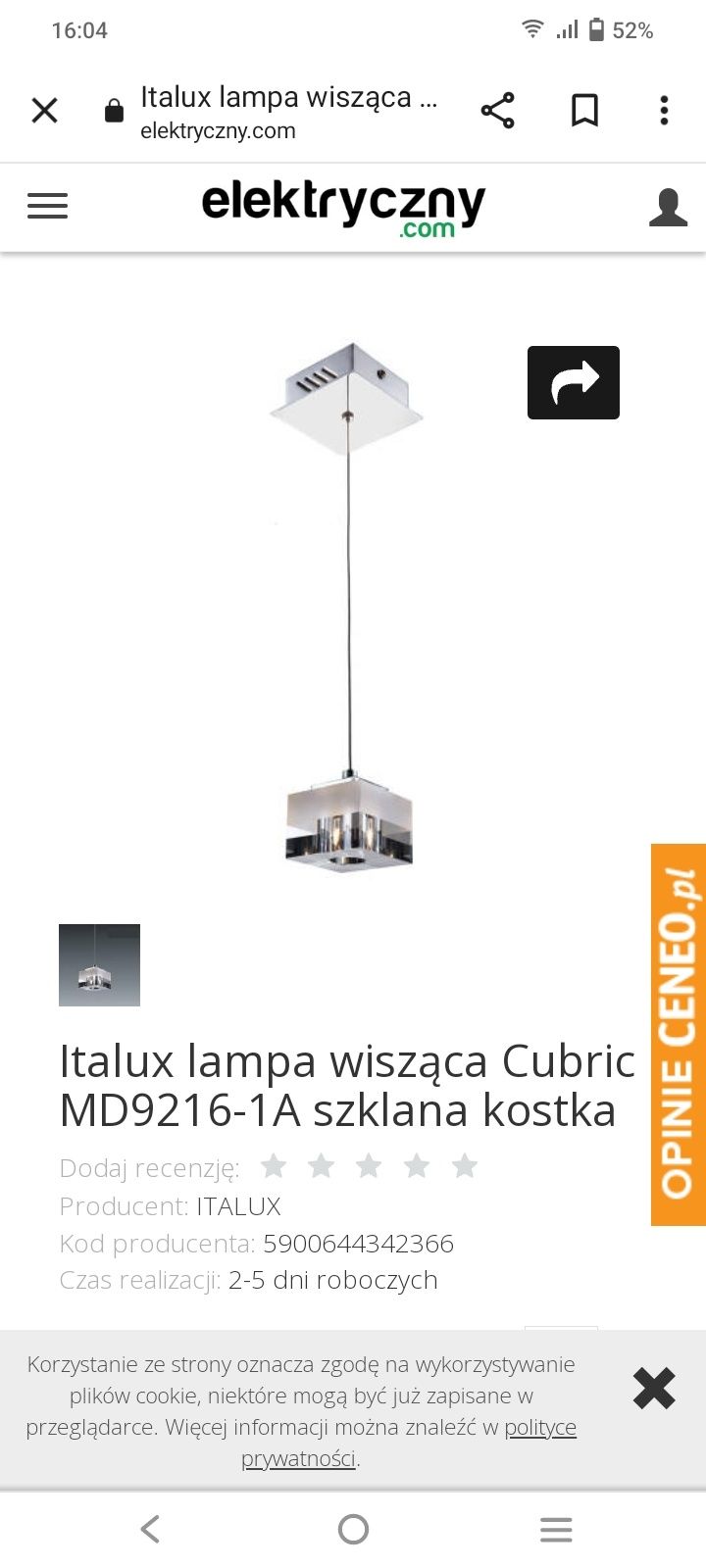 Lampa sufitowa szklana oraz klinkiety