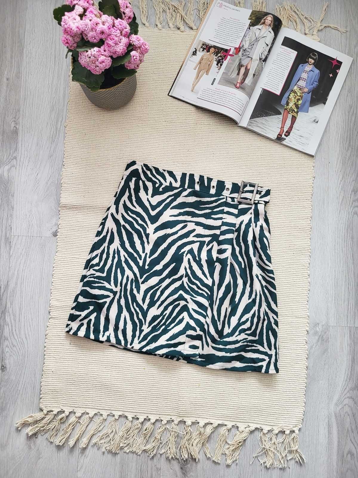 Wiosenna mini spódnica kopertowa trapezowa zebra zielona 38 M