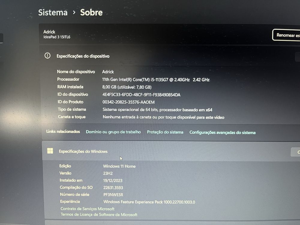 Notebook  intel I5 11G 8gb ram