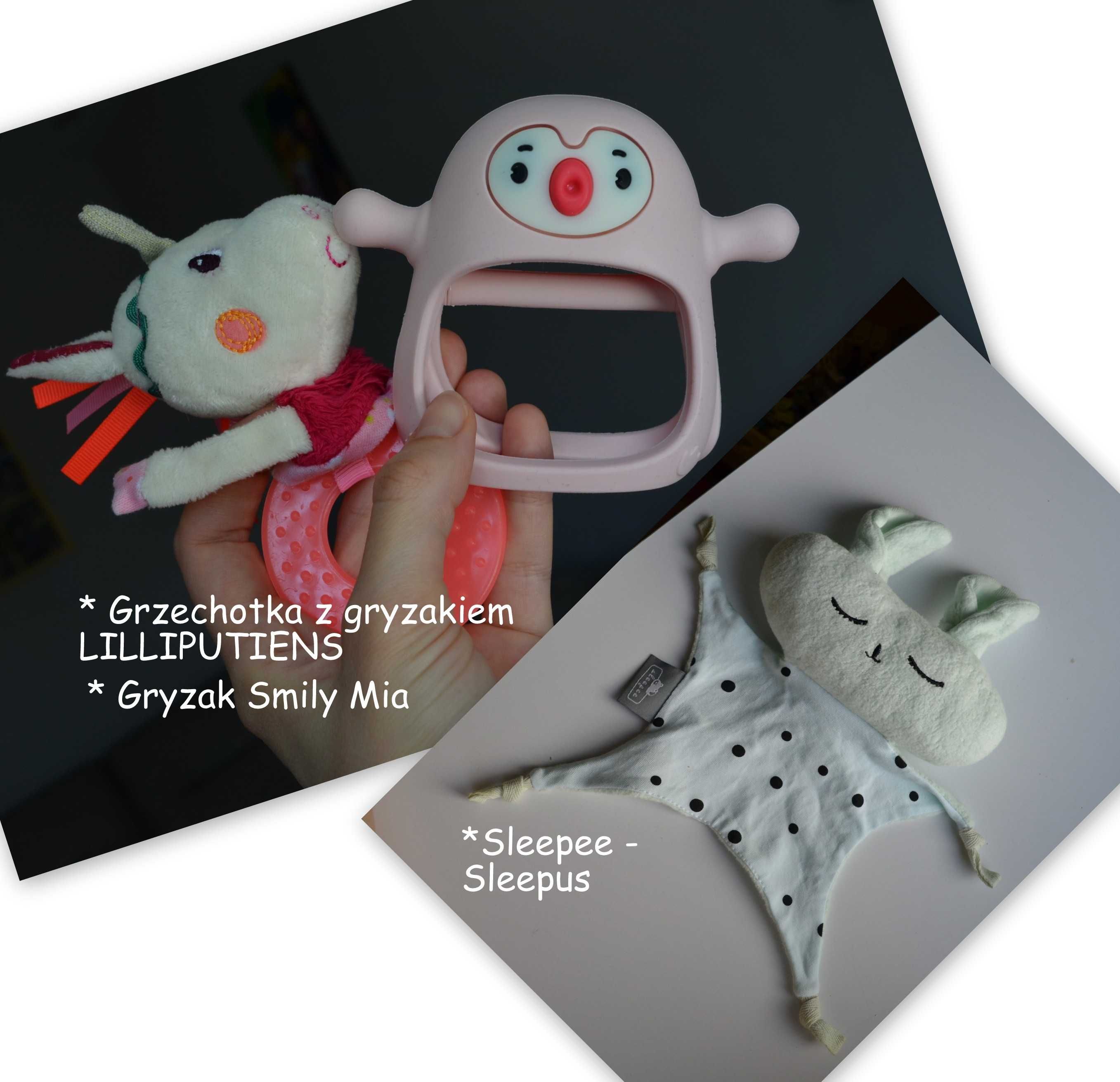 Nowy Gryzak silikon Smily Mia + grzechotka Lilliputiens + Sleepuś