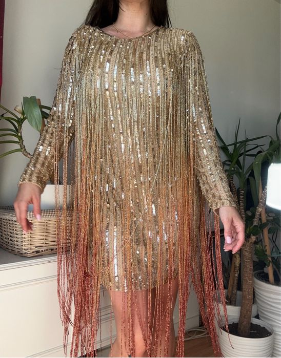 Karen millen cekinowa sukienka mini frędzle 42 xl 40 L