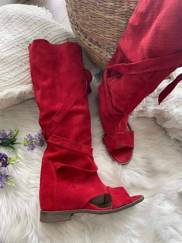 Eleganckie kozaki na koturnie letnie naturalna skóra