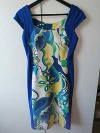 Niebieska sukienka w kwiatowy print, rozmiar 38