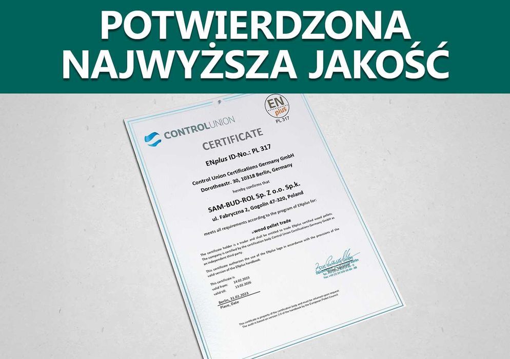 Pellet drzewny DZIERŻONIÓW, certyfikat A1 ENplus, TRANSPORT