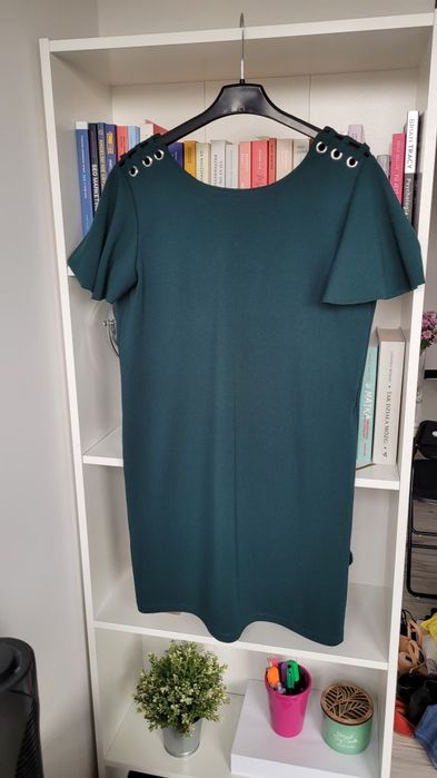 Sukienka letnia krótka mini krótki rękaw nowa ciemnozielona zdobione