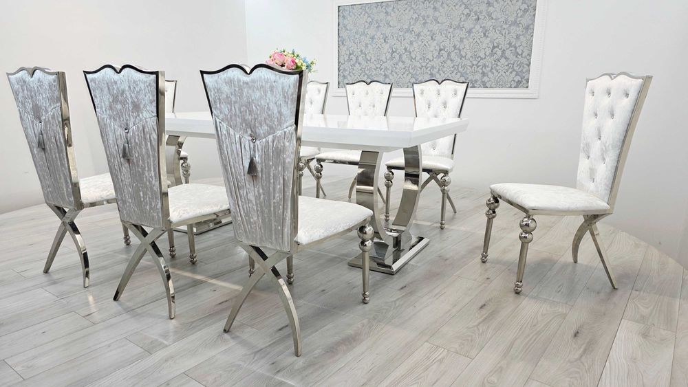 Jadalnia Stół Omega Decor 200x100 cm rozkładany + 8 krzeseł Love Snow