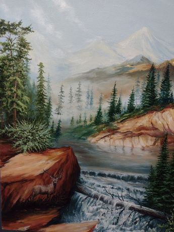 Картина маслом олень біля водопаду
