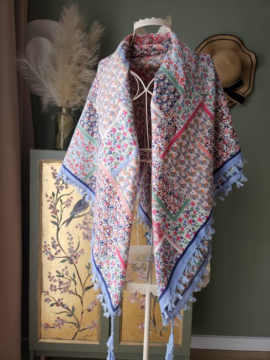 Szal damski chusta Oversize Patchwork Kwiaty i Granat z Chwostami boho