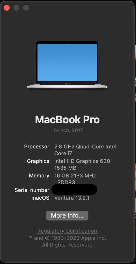 Macbook Pro 15'' 2017 / 2,8 GHz Quad-Core i7 / 16 GB RAM / 256 GB SSD
