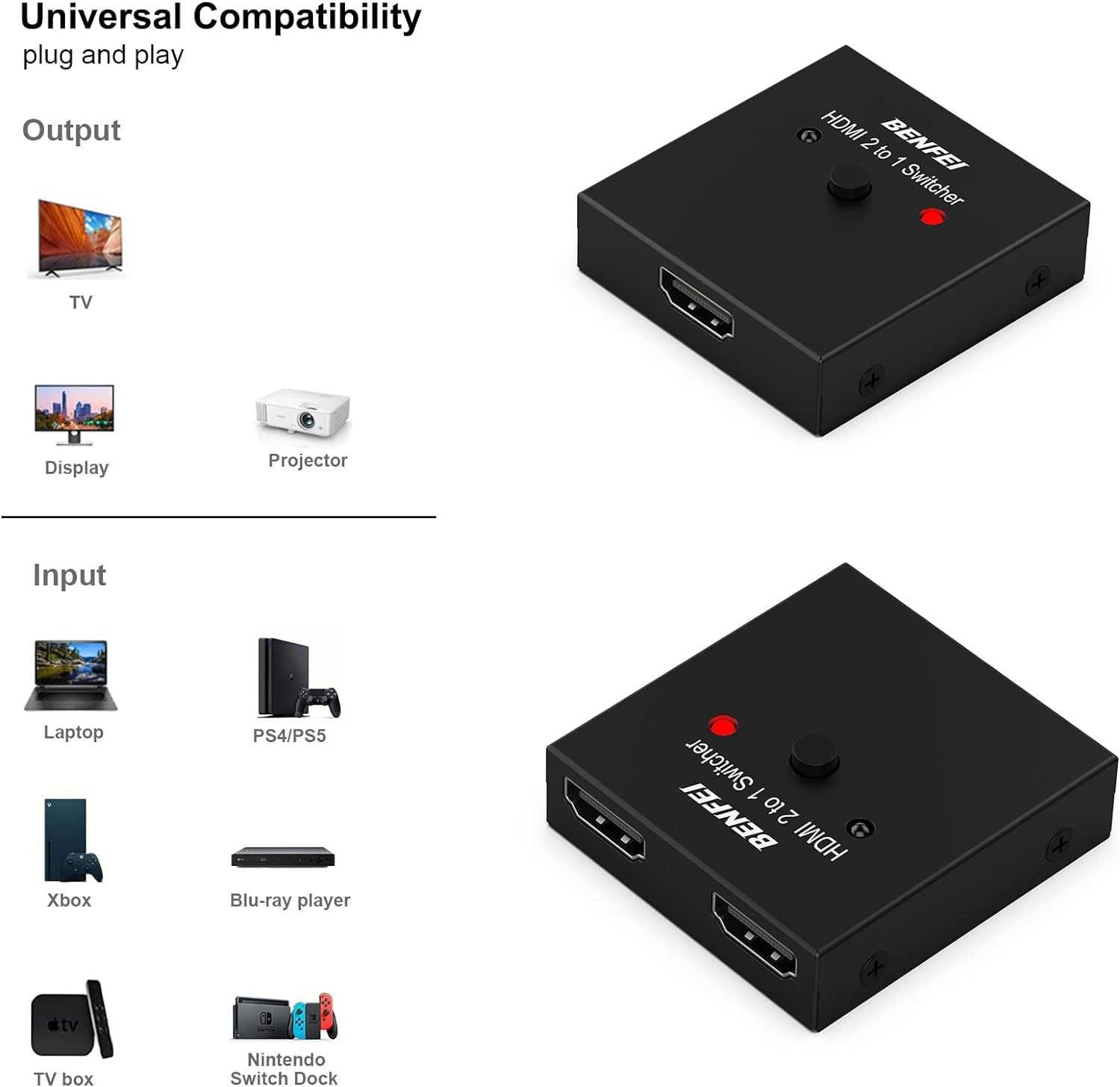 BENFEI Przełącznik HDMI Switch 4K 60Hz 2w1 3D HD 1080P Xbox PS4 Roku