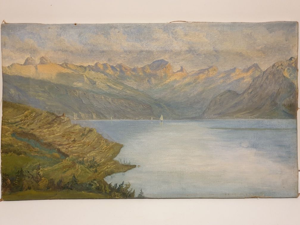 Linda antiga pintura em óleo sobre tela - Lago Zurique