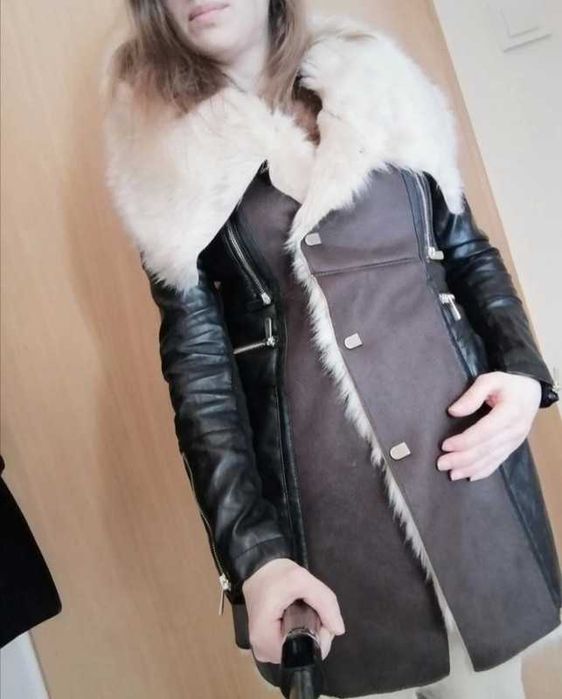 Nowy płaszczyk futro River Island skórzane wstawki
