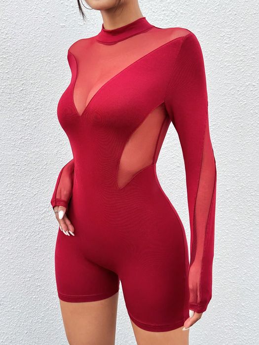 Kombinezon Sexy Romper Transparentny Ze Stójką Czerwony Shein Petite S