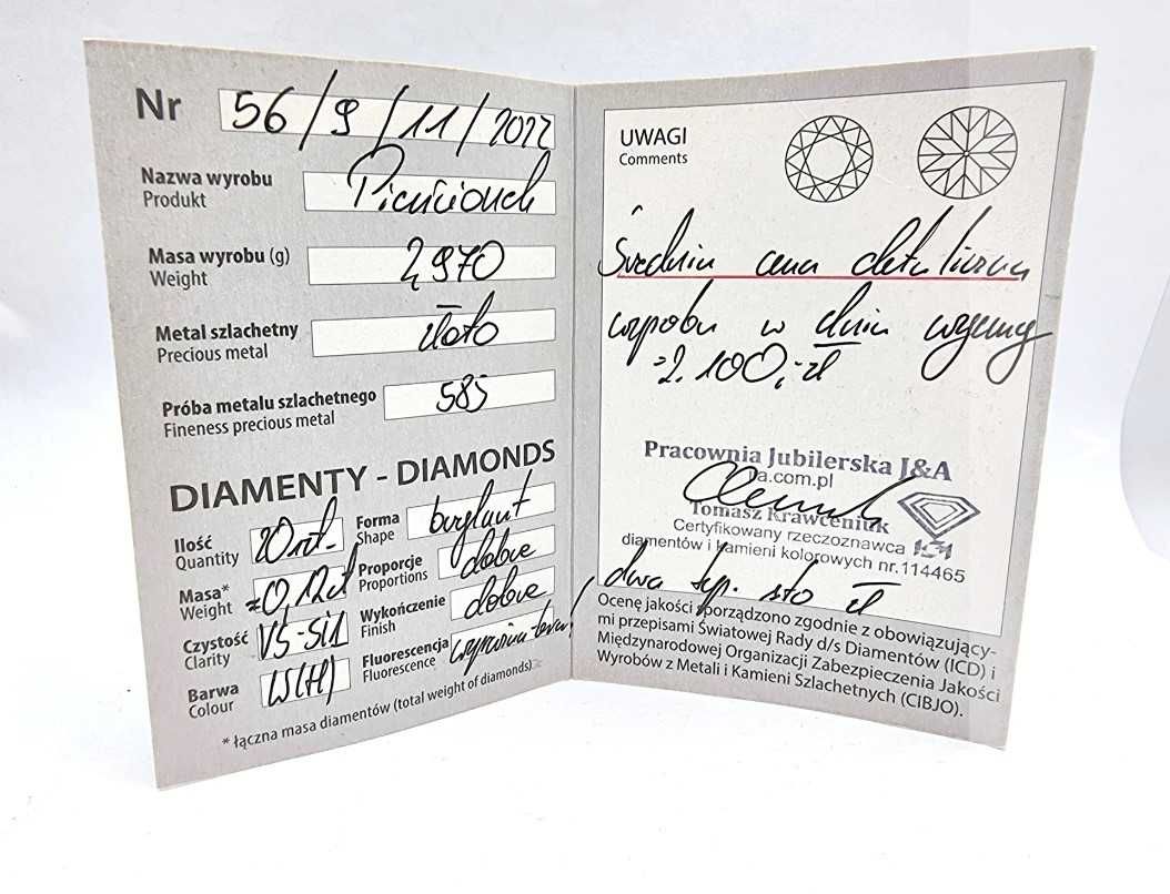 Złoty Dwukolorowy Pierścionek 585 Z DIAMENTAMI 0,12CT r12 CERTYFIKAT