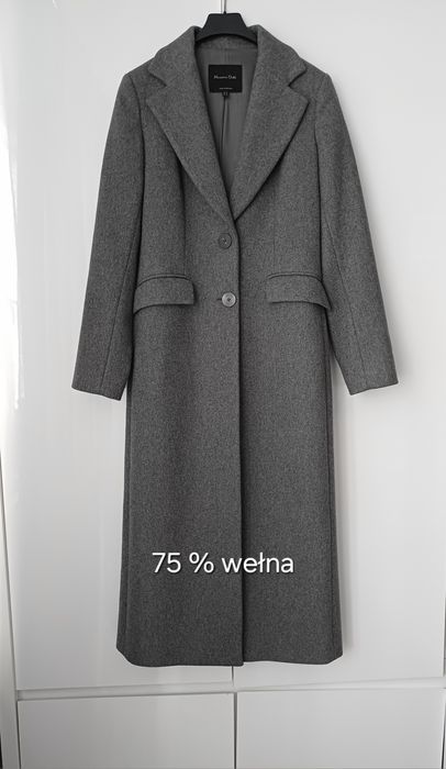 Massimo Dutti wełniany płaszcz szary długi midi wełna dyplomatka