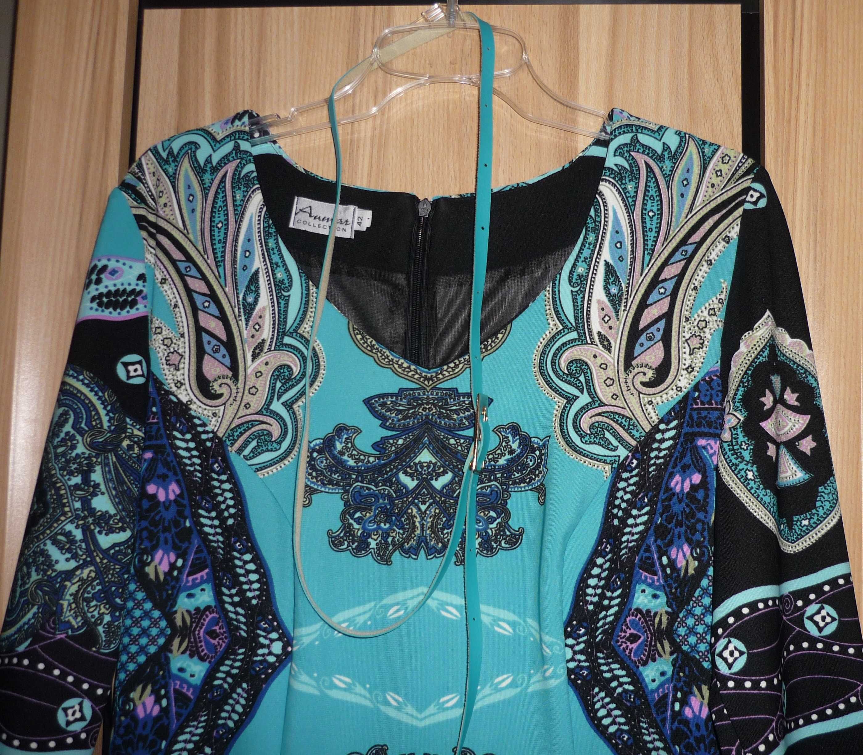 Piękna niebieska sukienka wzór Anmar Collection roz. L/XL + pasek