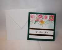 Kartka na ślub zielona złota w różowe kwiaty HANDMADE