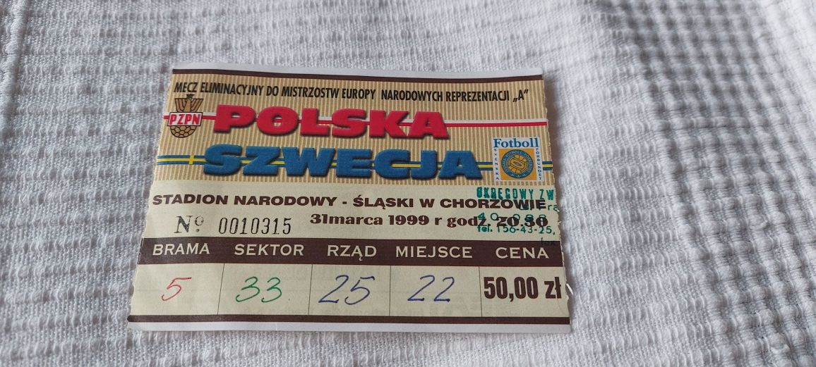 Bilet kolekcjonerski Polska - Szwecja 1999 rok