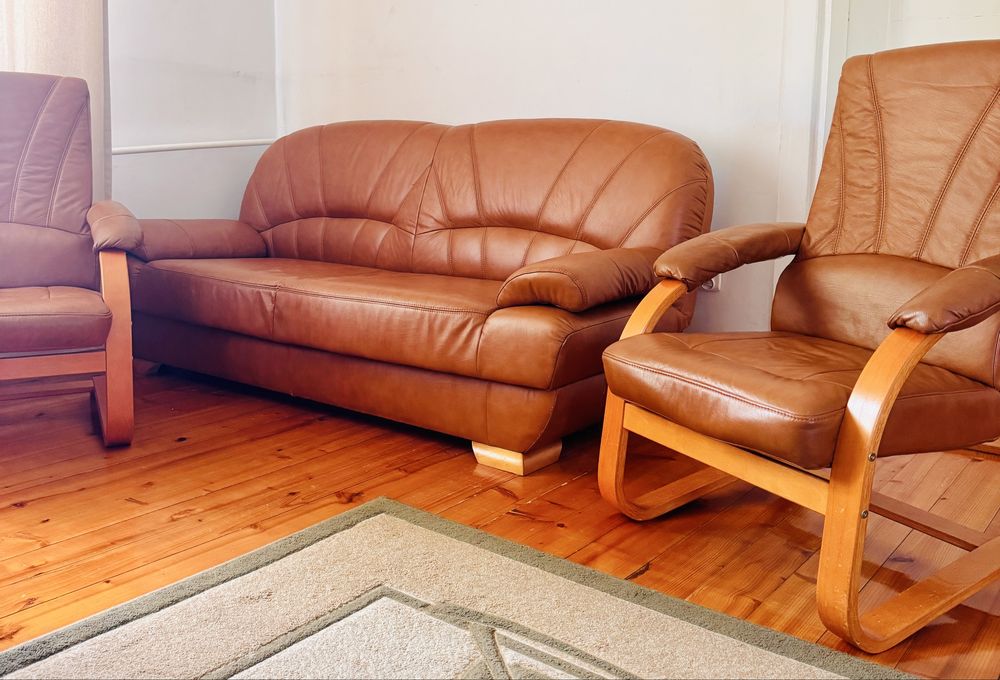 Kanapa skórzana z 2 fotelami ze skóry naturalnej w ciepłym kolorze