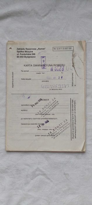 ROMET - karta gwarancyjna + inne dokumenty