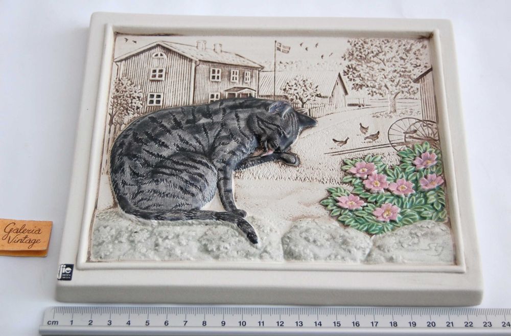 Kot, kotek, obrazek ceramiczny Jie Gantofta Sweden Szwecja vintage