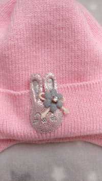 Зимова шапка, шапочка для дівчинки 0 - 6 місяців рожева