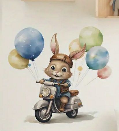Naklejka królik na motorze z balonami