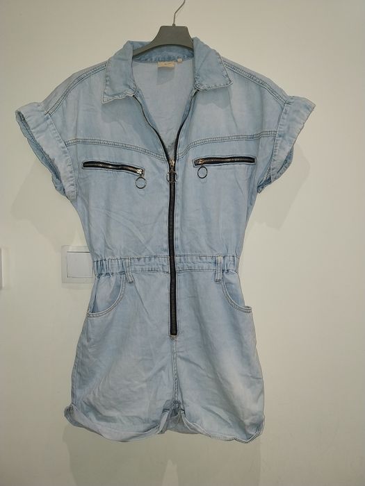 Kombinezon jeansowy krótki jasny jeans M/ L z zamkiem