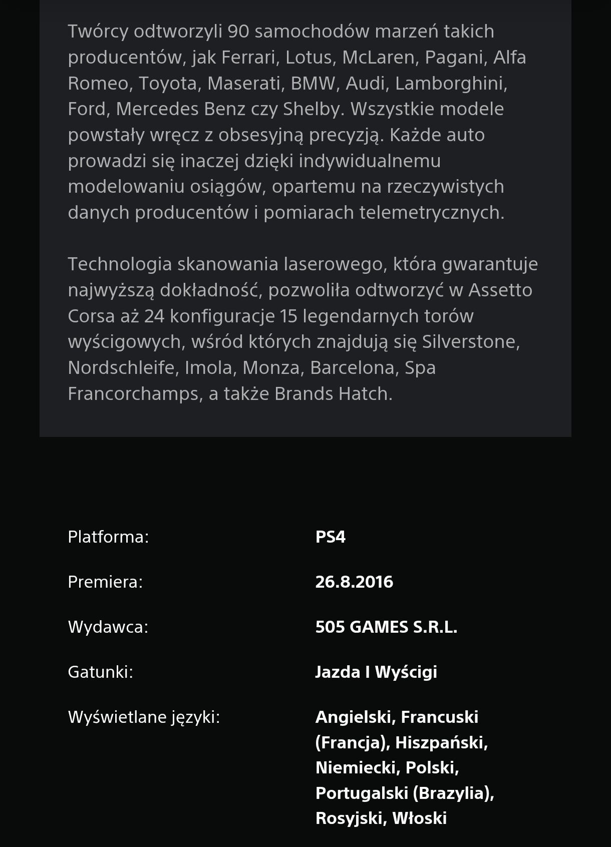 Assetto Corsa PL Racing Simulator na PS4 i PS5 po polsku w BDB stanie