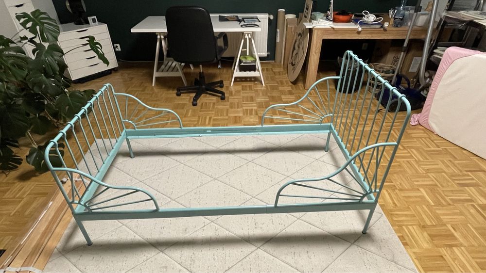 Łóżko dziecięce/rozsuwane IKEA MINNEN miętowe + materac INNERLIG