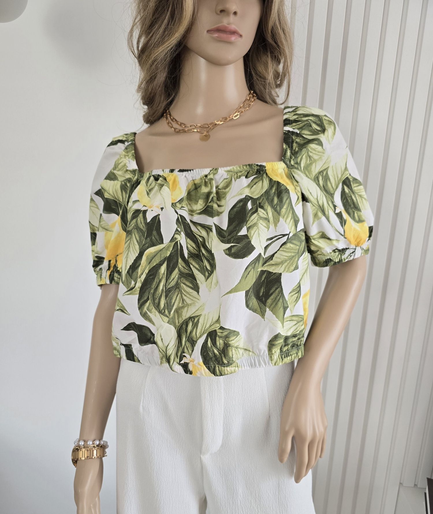 Bluzka kwiaty crop top 38 M bawełna H&M cytryny marszczona letnia