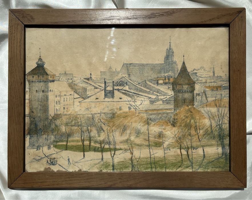 Grafika obraz w ramie za szybą Stanisław Podgórski Mury Krakowa