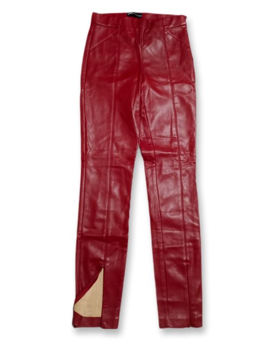 Czerwone skórzane spodnie high waist skinny rurki romantic alternative