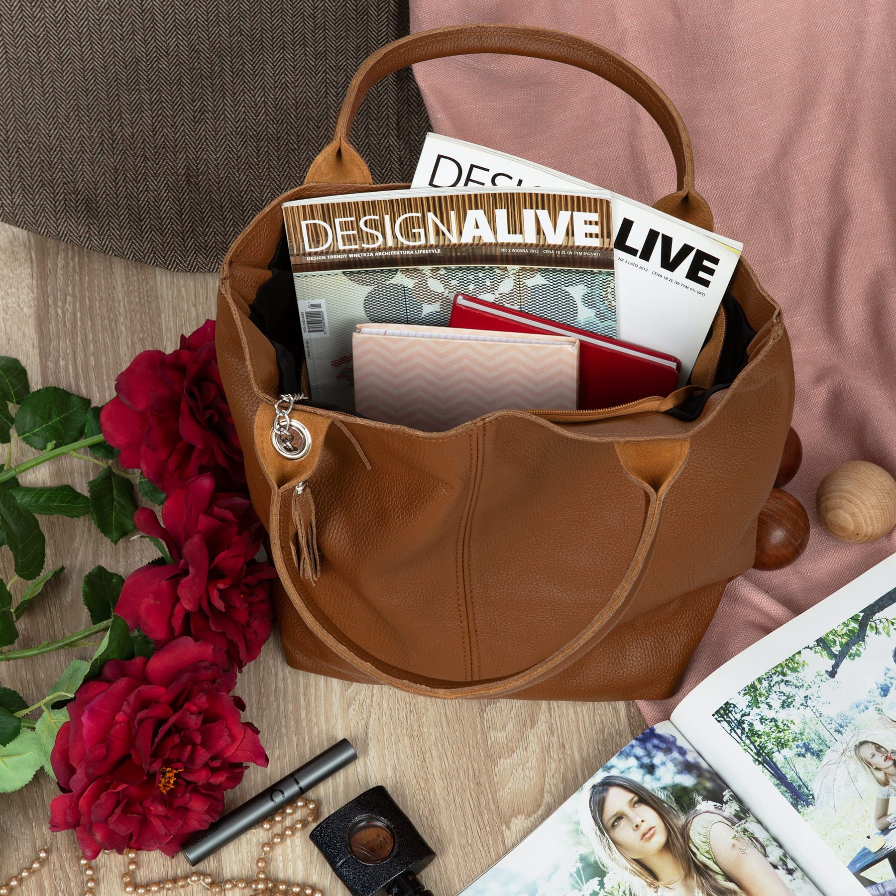 VERA PELLE torebka skórzana shopper z długimi rączkami V619 camel