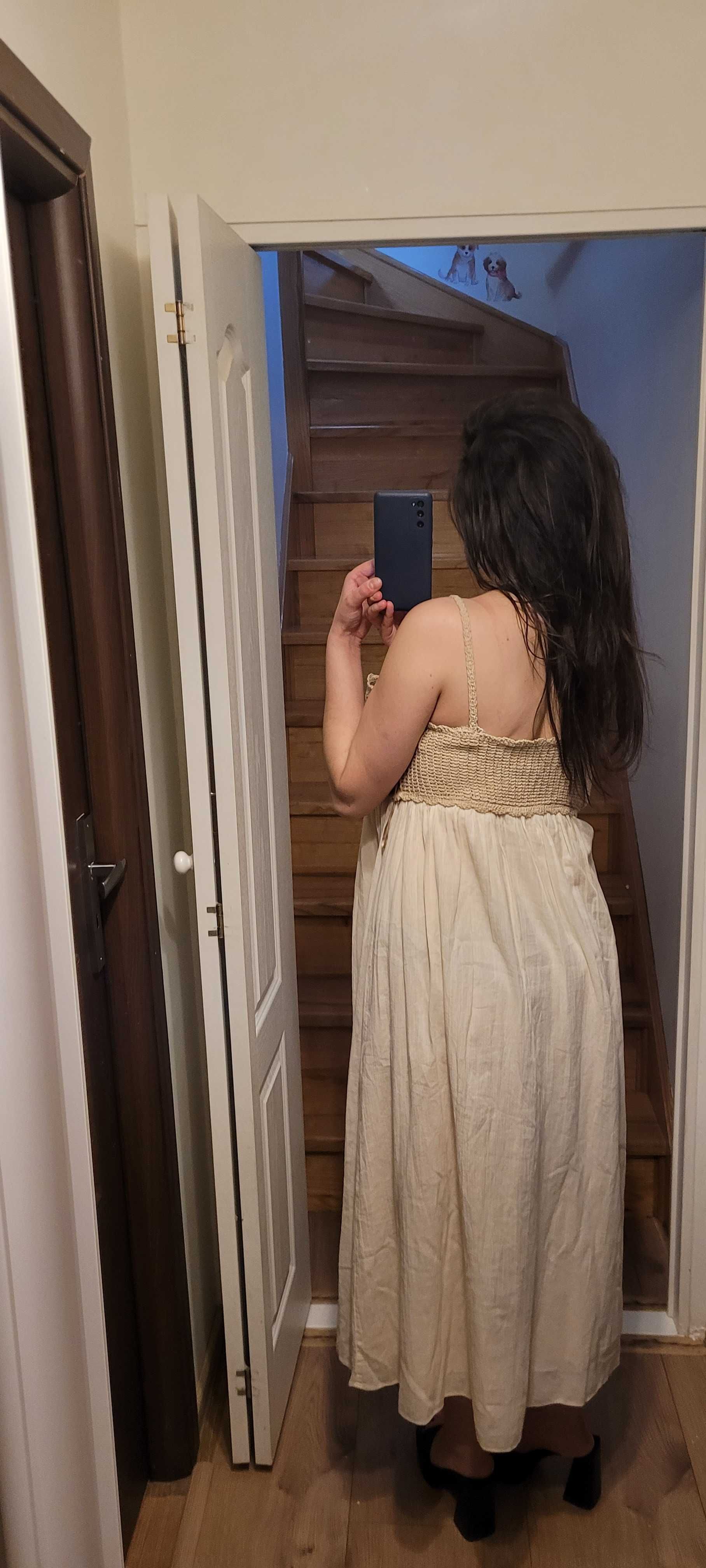 Sukienka blogerska Zara z szydełkową wstawką długa bohoo sukienka