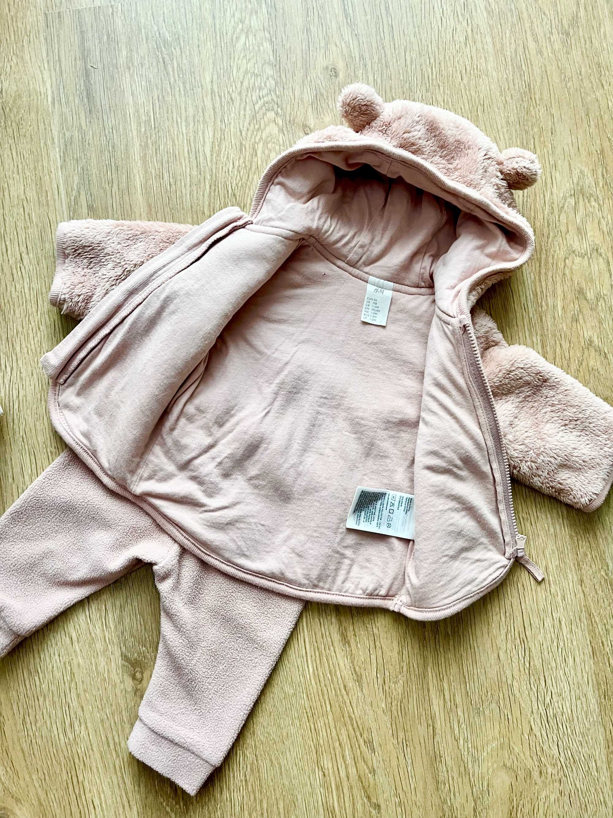 Komplet zestaw niemowlęcy bluza spodnie kapturem uszami różowe H&M 56