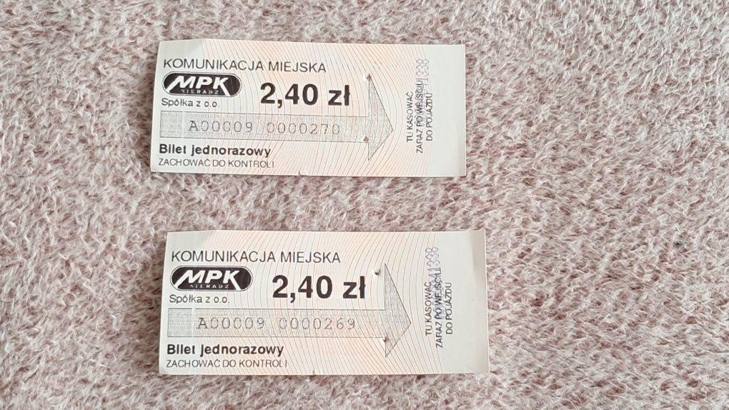 2 bilety MPK Sieradz – jednorazowe, skasowane, pamiątka kolekcjonerska