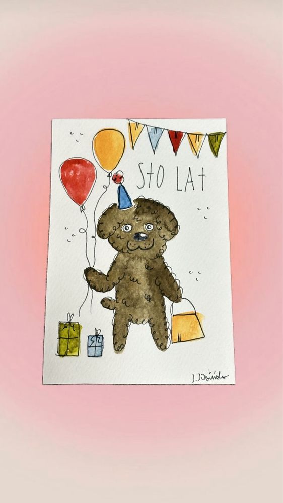 Kartka urodzinowa urodziny balony prezent pies pudel pudelek toy