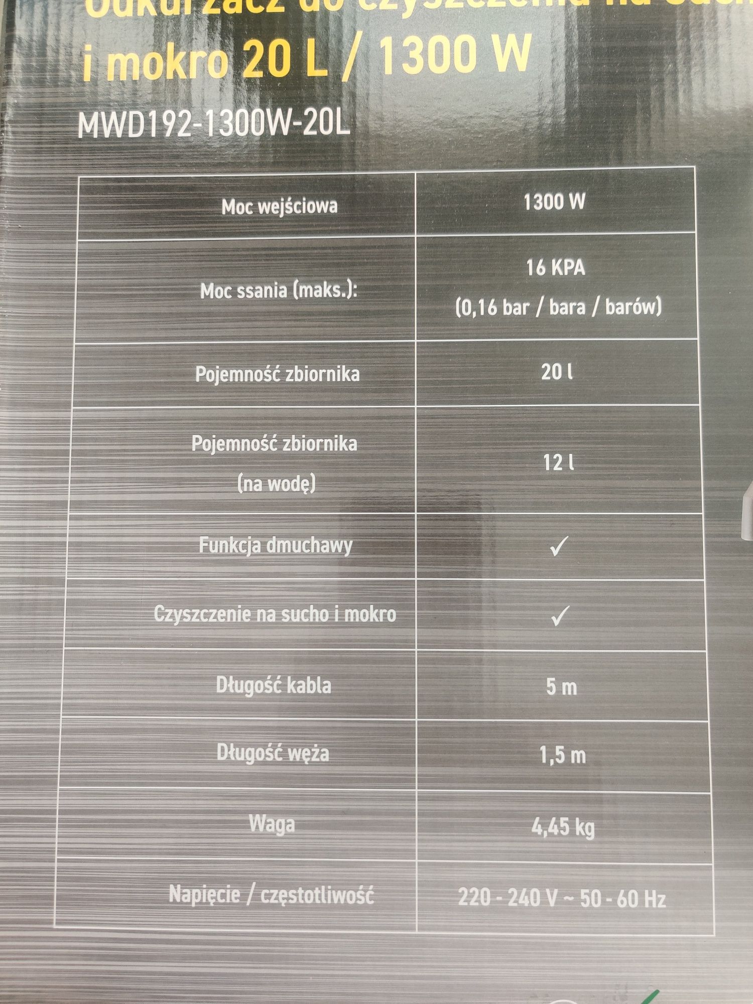 Odkurzacz warsztatowy na sucho i mokro 20L 1300W nowy