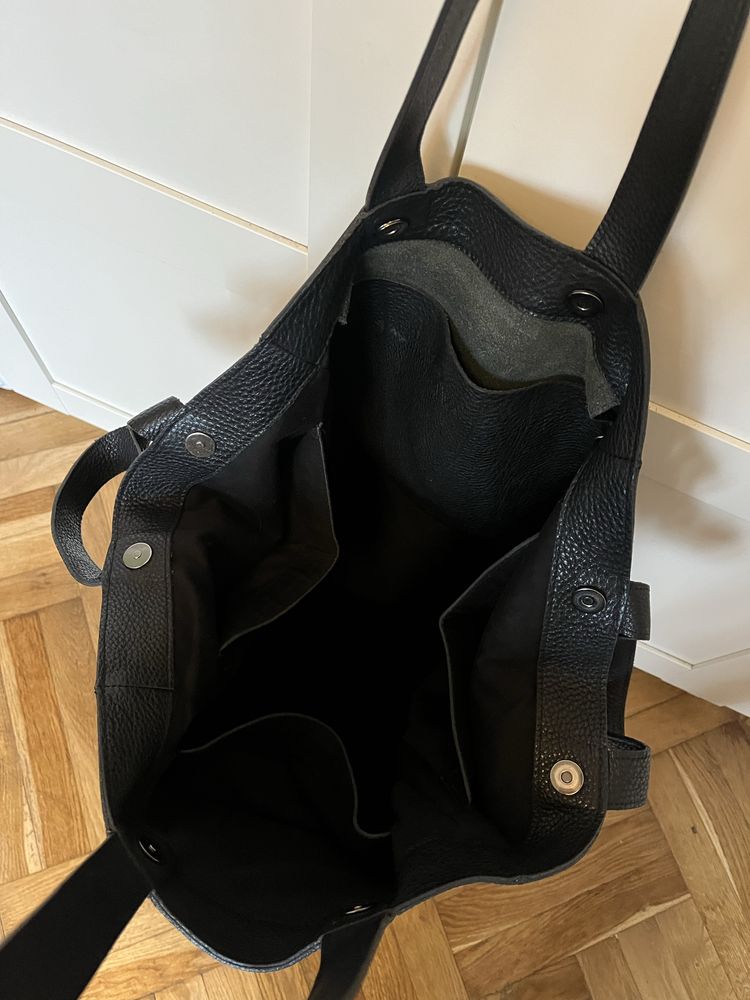 Duża czarna skórzana torba shopper bag Slava Varsovia