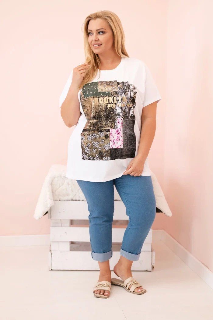 Bluzka Plus Size Biała Khaki Nadruk Brooklyn Patchwork XXL 3XL 4XL