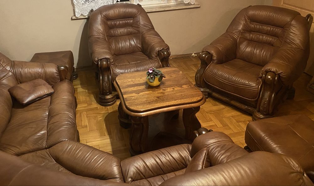 Kler Komplet wypoczynkowy skóra naturalna drewno dębowe zestaw mebli