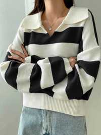 Sweter Oversize W Paski Z Obniżonymi Ramionami Czarno-Biały Dazy Xl 42