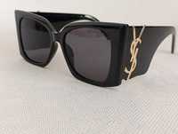YSL_damskie czarne okulary przeciwsłoneczne złote logo duże kocie nowe